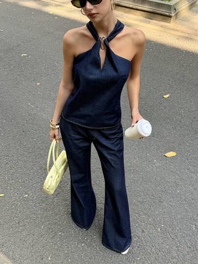 Siren Gaze Two-Piece Set: Halter Top + Straight-Leg Jeans; Summer Siren Style, Elegant Workplace Attire.Halter-Neck Sleeveless Top And Comfortable Low-Waisted Straight-Leg Pants