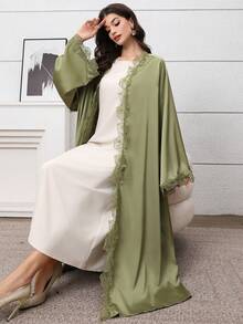 Al Najma Elegant Embroidered Floral Trim Abaya Robe - Green - View 8
