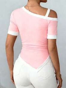 Elenzga 女士春夏法式优雅金属扣针织弹力腰褶皱不对称下摆撞色短袖T恤，适合休闲日常、旅行、海滩、音乐节、通勤等场合。 - 粉色 - 查看 2