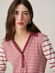 Nöista 修身条纹长袖Polo衫，纽扣门襟，休闲版型。百搭款式，适合节日装扮、春季穿搭和日常休闲穿着。 - 粉色 - 查看 5