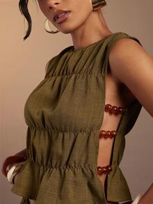 Hauture Women's Sexy Casual Sleeveless Tank Top With Side Cut Out Beaded Detail - Army Green - View 6