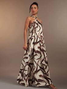 Hauture Women's Sexy Abstract Animal Skin Zebra Brown Print Backless Halter Neck Loose Maxi Dress - Multicolor - View 4