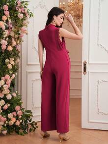 Momance Maternity Jumpsuit With Ruffle Trim, Round Neck, Sleeveless, Back Zipper, Waist Tie Bow, Straight Leg, Jacquard Fabric - Burgundy - View 2