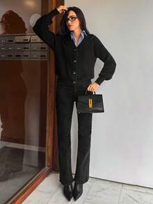 Aidyla 休闲纯色开衫，秋季，长袖上衣 - 黑色 - 查看 4