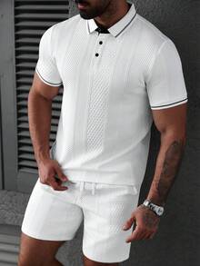 Manfinity Homme Men's Casual Textured Short Sleeve Polo Shirt And Shorts Set,Summer Vacation White And Black 2 Piece Co Ord Set,Men's White Casual 2 Piece Short Set - White - View 5
