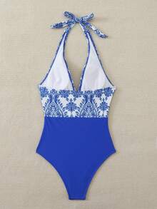 2026 Swim Lushoire 复古优雅修身蓝色花卉瓷纹连体泳衣，适合海滩度假 - 藍色 - 查看 5