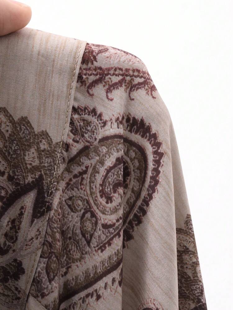 Vintage French Style Cashew Flower Print V-Neck Blouse, Fashionable Loose Long Sleeve Shirt For Women Boho