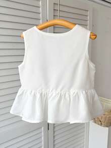 Young Girl Elegant Round Neck Sleeveless Contrast Bow Ruffle Hem Camisole - White - View 2