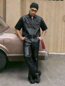 AXEPEAK Bộ áo sơ mi ngắn tay và quần dài màu trơn dành cho nam. - màu đen - Xem 3