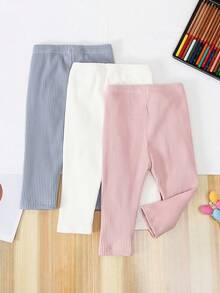 SHEIN Playful Pals 3件組女嬰百搭休閒白色與藍色彈性打底褲 素色針織燈芯絨長褲 秋季度假緊身褲 幼童下身褲 - 彩色 - 查看 2