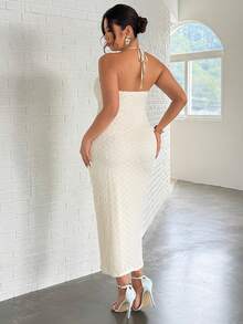 Firerie Plus Size Elegant Holiday Minimalist Romantic Date Draped Neck Bustier Textured Bodycon Slim Fit Maxi Dress, Boho Women Mini Dresses, Fairycore, Women's Elegant Sexy Delicate Romantic Fashion New Wedding Guest Music Festival Party Daily Vacation Backless Tie Strap Textured Bodycon Midi Dress, Beach Outfits For Women, Airport Outfit Women, Vacation Outfits - Apricot - View 4