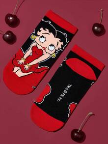Betty Boop x SHEIN 3 双柔软透气吸湿排汗休闲女士短袜，樱桃图案，时尚可爱黑白红，女士短袜，加固脚趾和脚跟，经久耐用，适合所有季节，适合夏季冬季 - 彩色 - 查看 8