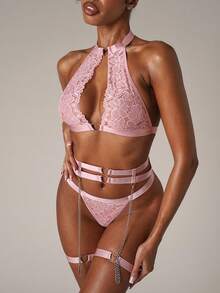 SHEIN BAE Floral Lace Ring Linked Garter Lingerie Set With 1pair Leg Ring - Baby Pink - View 7