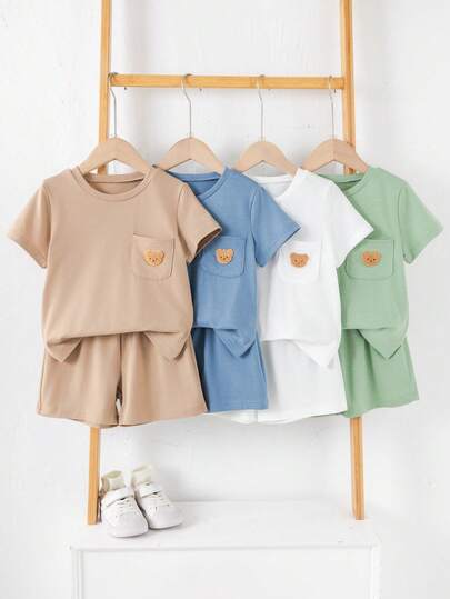 SHEIN 8pcs/Set Young Boys Comfortable Casual Daily Versatile 3D Bear Embroidery Short Sleeve T-Shirt And Shorts Set, Suitable For Spring/Summer, Daily Wear, Sports, Outings, School, Gatherings, Festivals, Photoshoots, Vacations,Toddler Boy Clothes,Toddler