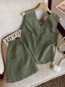 GlowEve Women Sleeveless Round Neck Vest & Shorts 2 Pieces Set - Army Green - View 2