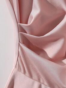 GlowEve Women's Round Neck Pink Pleated Bow Design Short Elegant Fashionable Knit Sleeveless A-Line Waist Cinched Slim Dress - Pink - View 4