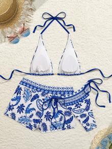 Swim Vcay 女士复古印花比基尼套装，搭配性感沙滩罩衫短裤，时尚夏季度假装 - 藍白色 - 查看 2