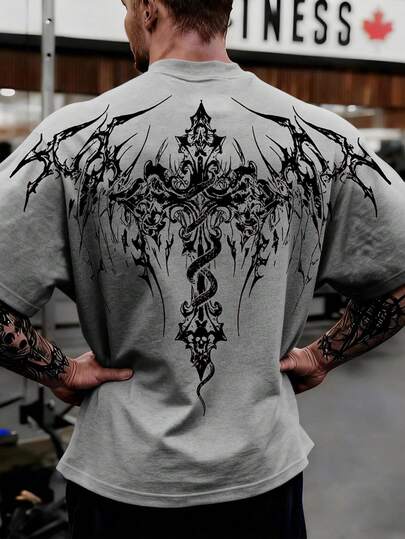 Manfinity Sport PWRUP Men's Gothic Print Loose Fit Short Sleeve T-Shirt, Casual Fitness & Sports Wear