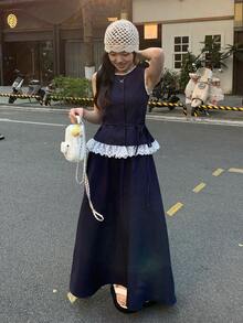 DAZY Women's Lace Patchwork Crew Neck Sleeveless Top And Skirt Casual 2-Piece Set - Navy Blue - View 8