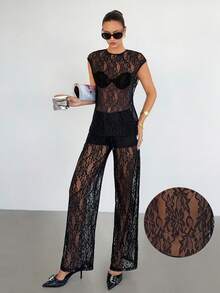 Siren Gaze Maglietta con scollo rotondo in pizzo e maniche a cappuccio e pantaloni, set casual sexy a 2 pezzi in colore unito con orlo asimmetrico in pizzo, indossabile tutti i giorni, per primavera/estate - nero - Visualizzare 7
