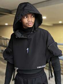 Ngobest Haus Ngobest Haus 街头服饰原宿深色功能性男士连帽斗篷，宽松休闲嘻哈套头衫上衣夹克 - 黑色 - 查看 5