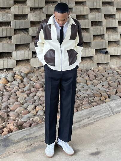 Ngobest Haus Ngobest Haus 男士长袖简约撞色休闲仿皮夹克，适合秋冬季穿着