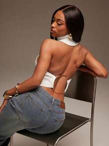 Denimoi Suéter sin mangas con cuello alto y anillo en O, Top de suéter, Top sin espalda, Suéter de cuello alto - Blanco - Ver 3