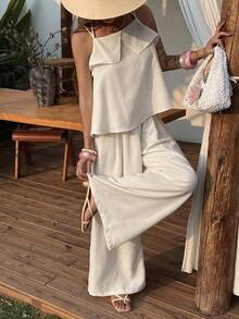 Livesso Frühlings- und Sommer-Mode Set mit gerüschtem weißem Träger-Top und weiter, gerader Hose, lässiger Urlaubs-Strand-Elegant-Büro-Stil Zweiteiler für Frauen, Boho Loungewear Sets für Frauen, Shorts Sets für Frauen - Beige - Übersicht 1