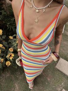 Livesso 彩色条纹拼接修身性感音乐节情人节婚礼休闲度假沙滩钩针V领无袖针织连衣裙，适合女性，春夏邮轮度假穿着 - 亮橙色 - 查看 5
