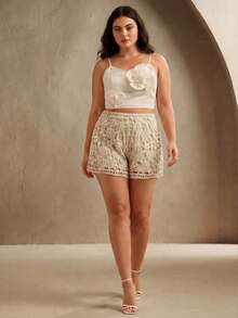 Anewsta Plus Size Casual Solid Color Hollow Out Knit Shorts - Apricot - View 6