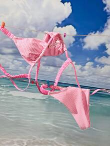 Swim Mod New Multicolor Striped Ruffled Adjustable Strap High Cut Seashell Pearl Decor Cute Romantic Beach Vacation Women Bikini Swimwear Set, Spring/Summer - Pink - View 5