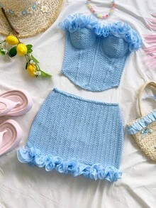 Soleia Women's Solid Color Ruffle Hem Bandeau Top And Mini Skirt 2 Pieces Set - Baby Blue - View 3