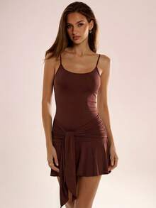 Avenya Women's Summer Ruffled Strap Mini Dress - Brown - View 4