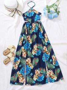 SHEIN Đầm maxi đi biển kiểu boho, cổ yếm, hở lưng, xẻ tà cao, in họa tiết hoa nhiệt đới cho bé gái tuổi teen. - Màu xanh lam - Xem 4