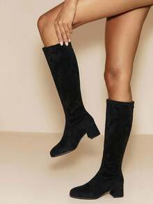 Daringsoles 女士时尚百搭简约粗跟中筒靴，圣诞节必备 - 深黑色 - 查看 6