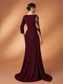 Serin Elegant Luxurious Pearl Beaded Mesh Sleeve Ruched Mermaid Hem Stretch Knit Dress, Suitable For Weddings, Parties, Holidays, Bridal Showers, Galas - Maroon - View 3
