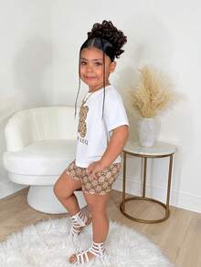 2件套女童小熊印花白色针织T恤和打底裤，休闲日常时尚套装 - 彩色 - 查看 3