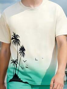 Ținută de vacanță la plajă pentru adolescenți, 2 buc., croială lejeră, cu imprimeu de cocos în gradient, top cu mânecă scurtă și pantaloni scurți - Multicolor - Vizualizare 3