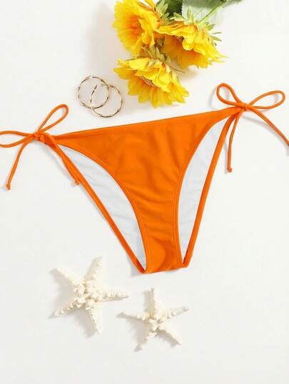 Swim Vcay 女士简约纯色荧光橙色侧系带比基尼泳裤，适合海滩和度假
