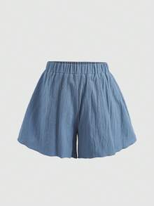 SHEIN 女童灰蓝色蝴蝶结装饰无袖上衣和短裤休闲时尚套装，适合户外活动 - 藍色 - 查看 3