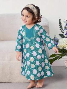 SHEIN Babygirl Elegant Floral Print Long Sleeve Dress, Lovely & Charming In Pink - Multicolor - View 2