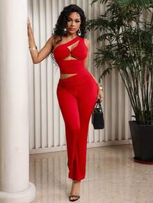 Lureya Women's Fashion Sexy Asymmetric Hollow Out Design Jumpsuit, Elegant For Daily Casual, Party, Spring/Summer - Red - View 6