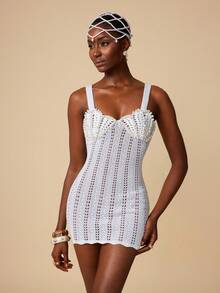 Zestiva Women's White Knit Elegant Vacation Crochet Cup Pearl Strap Short Dress - White - View 2