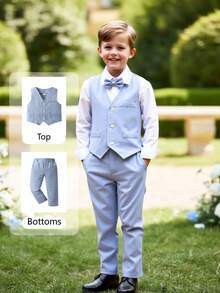 2pcs Young Boy Gentleman Outfit,Summer Traditional Wedding Fashionable Waistcoat Vest And Slant Pocket Pants,Birthday Party Halloween Prom Outfit - Blue - View 2