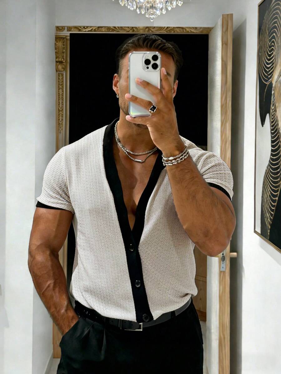 Manfinity Dauomo 休闲时尚男士撞色短袖宽松上衣 - 黑與白 - 查看 1