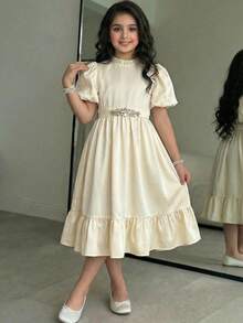 SHEIN Tween Girl Spring/Summer Elegant Glamorous Rhinestone & Beaded Trim Bubble Short Sleeve Dress, Apricot Solid Color Woven Dress, Tween Girl - Apricot - View 1
