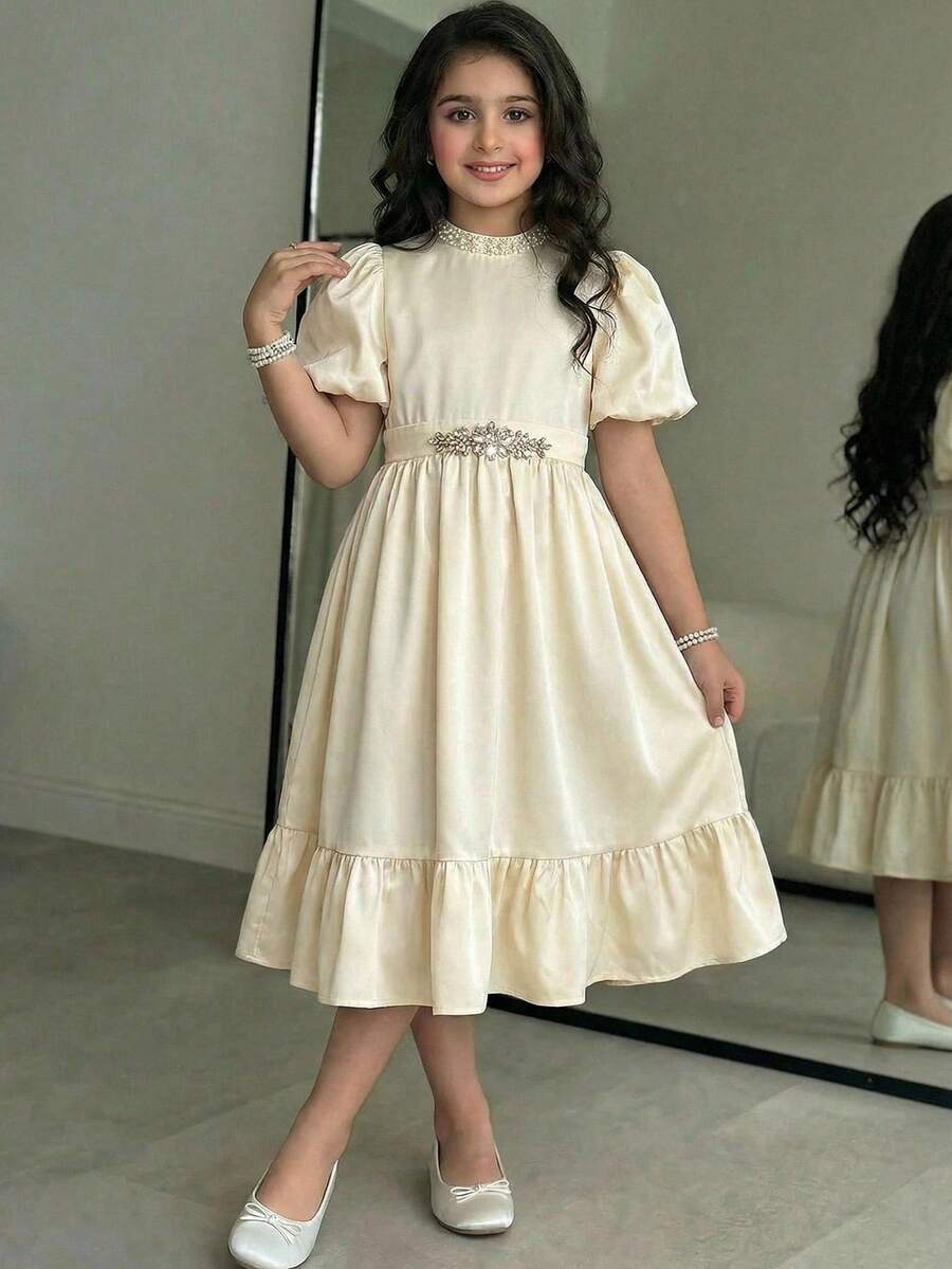 SHEIN Tween Girl Spring/Summer Elegant Glamorous Rhinestone & Beaded Trim Bubble Short Sleeve Dress, Apricot Solid Color Woven Dress, Tween Girl - Apricot - View 1