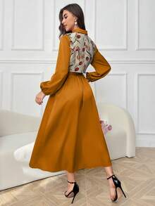 Modelyn 女士杏色提花无袖系带优雅吊带背心和黄色编织长袖褶裥A字优雅连衣裙两件套，春夏款 - 黃色 - 查看 7