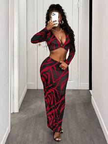 BamGleam 女士时尚街头风印花露脐上衣和半身裙两件套，秋季 - 酒紅色 - 查看 1