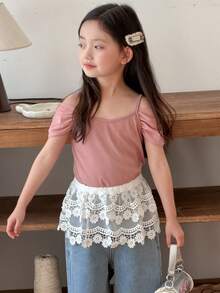 Dazy Kids Young Girl Casual Lace Elastic Waist Skirt, Spring/Summer - White - View 5